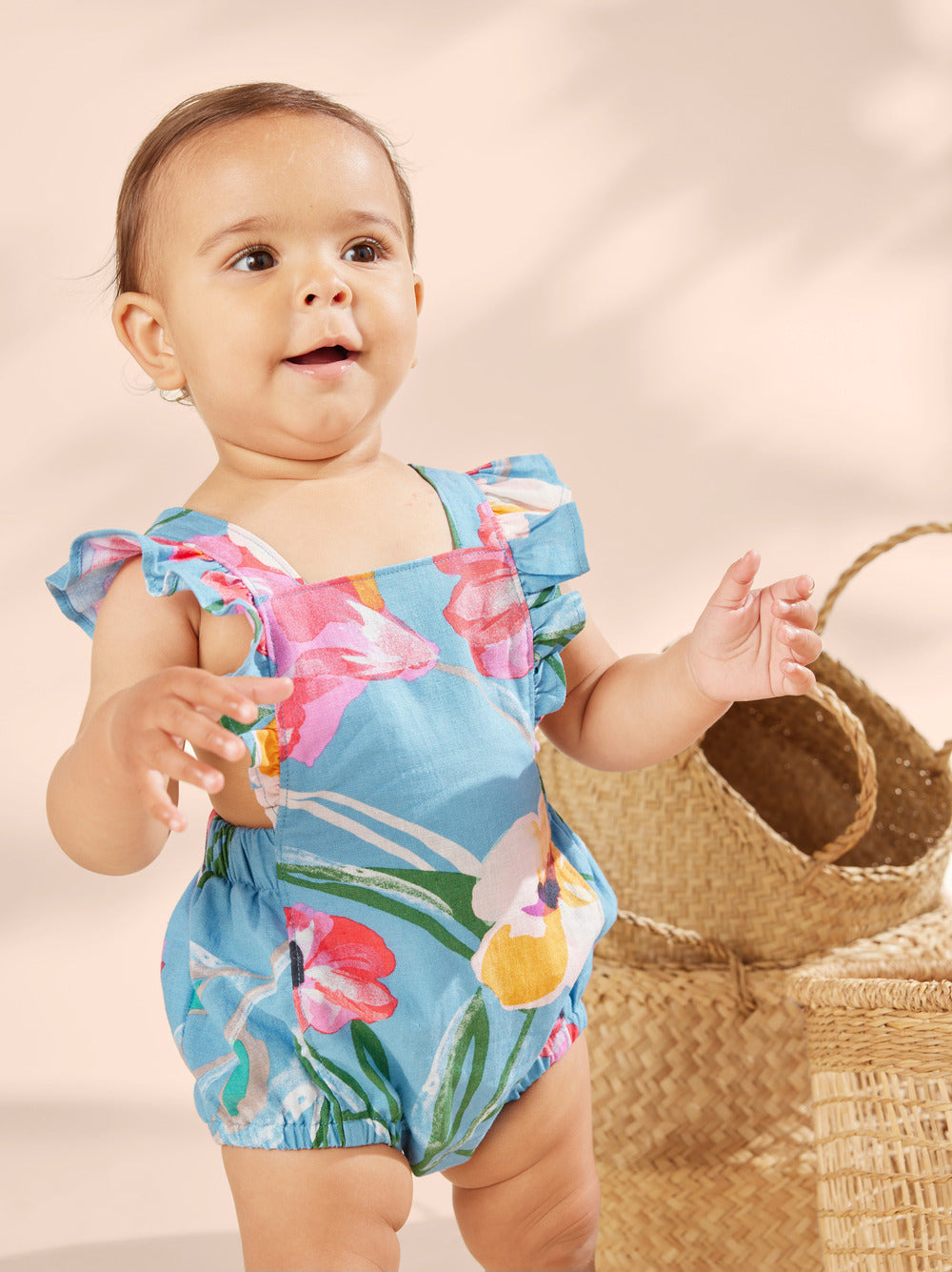Ruffle Bubble Baby Romper: Painterly Hibiscus in Blue
