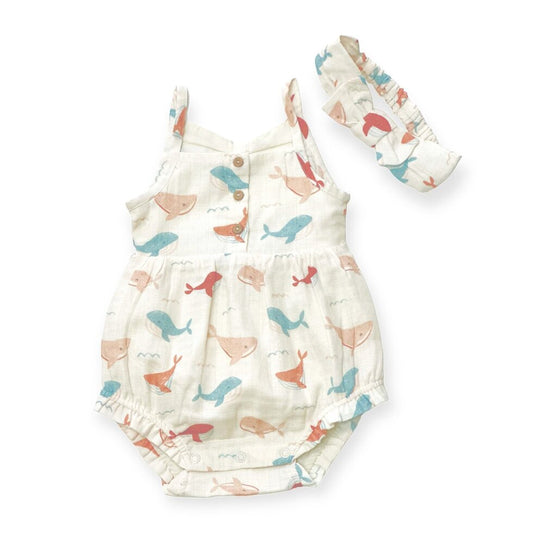 Whales Strap Baby Romper+Headband: Natural