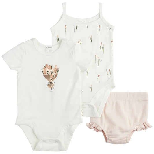 Baby 3Pc Set: 2 Diaper Shirts + Short Knit: Offwhites