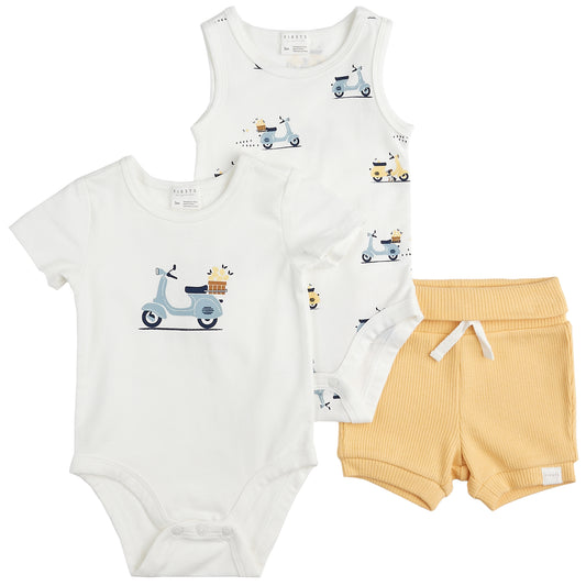 Baby 3Pc Set: 2 Diaper Shirts + Short Knit: Offwhiter