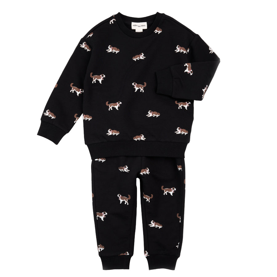 Saint Bernard Print on Black Fleece Jogger Set