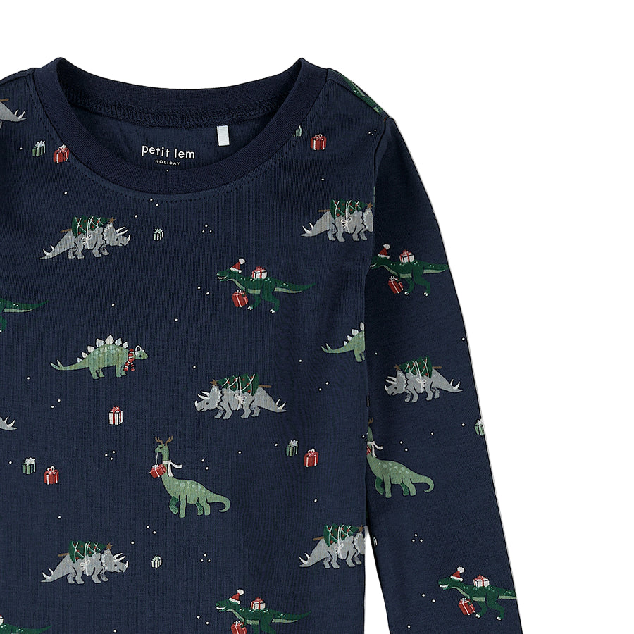 Boy Holiday Dinosaur Print on Navy PJ Set