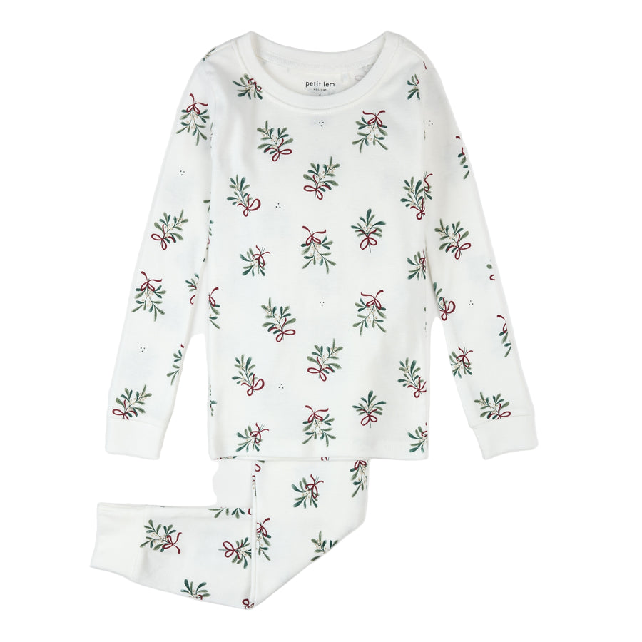 Mistletoe Print on Off-White PJ Set