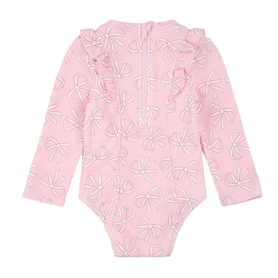 Bows Print on Light Pink Long-Sleeve One-Piece Swimsuit