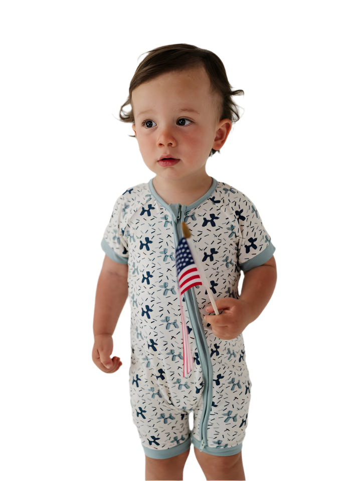 Summer Zip Romper: Balloon Dogs