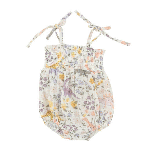 Sweet Floral Dino Tie Strap Smocked Bubble