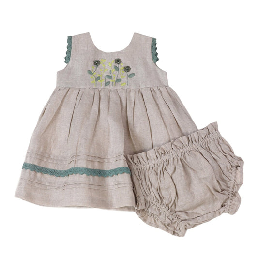 Sylvie Embroidered Linen Baby Dress+Bloomer Color: Natural Linen