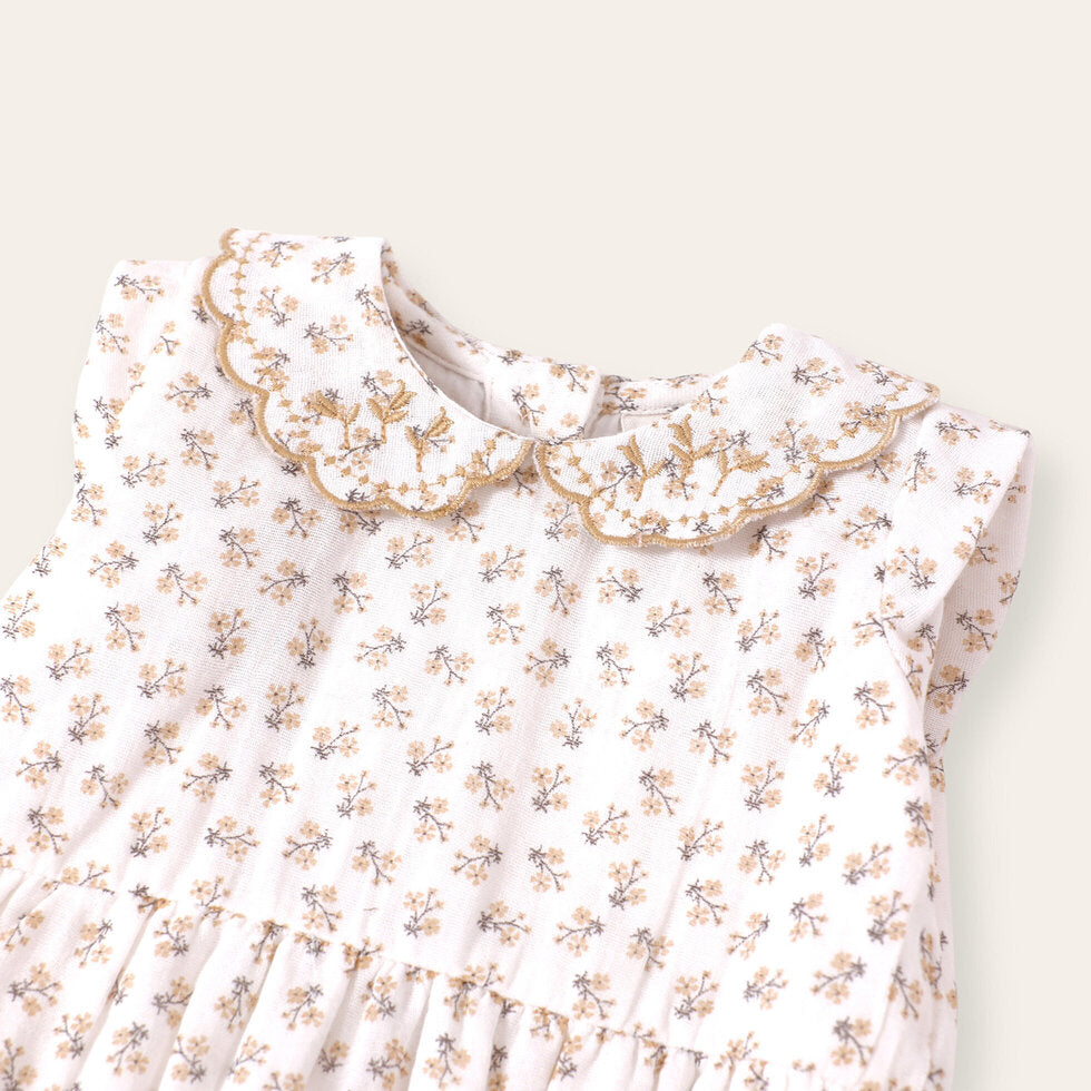 Olivia Floral Embroidered Collar Sleeveless Baby Bubble Romper: Mustard Floral