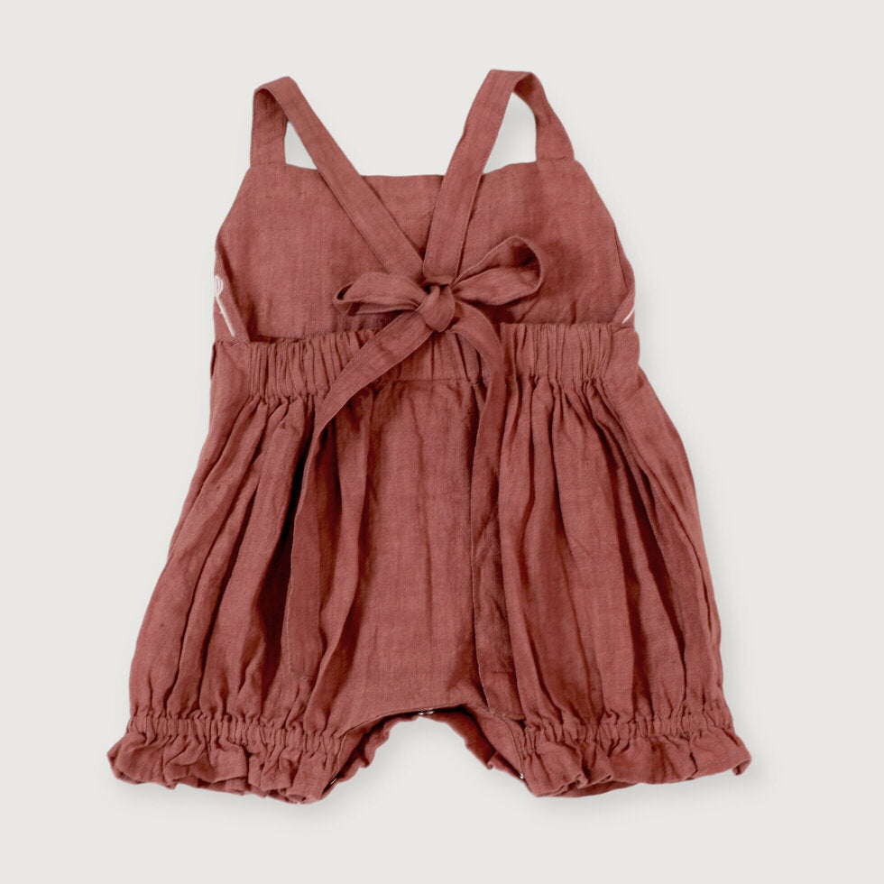 Leonie Linen Emb Bubble Baby Romper: Terracotta Linen