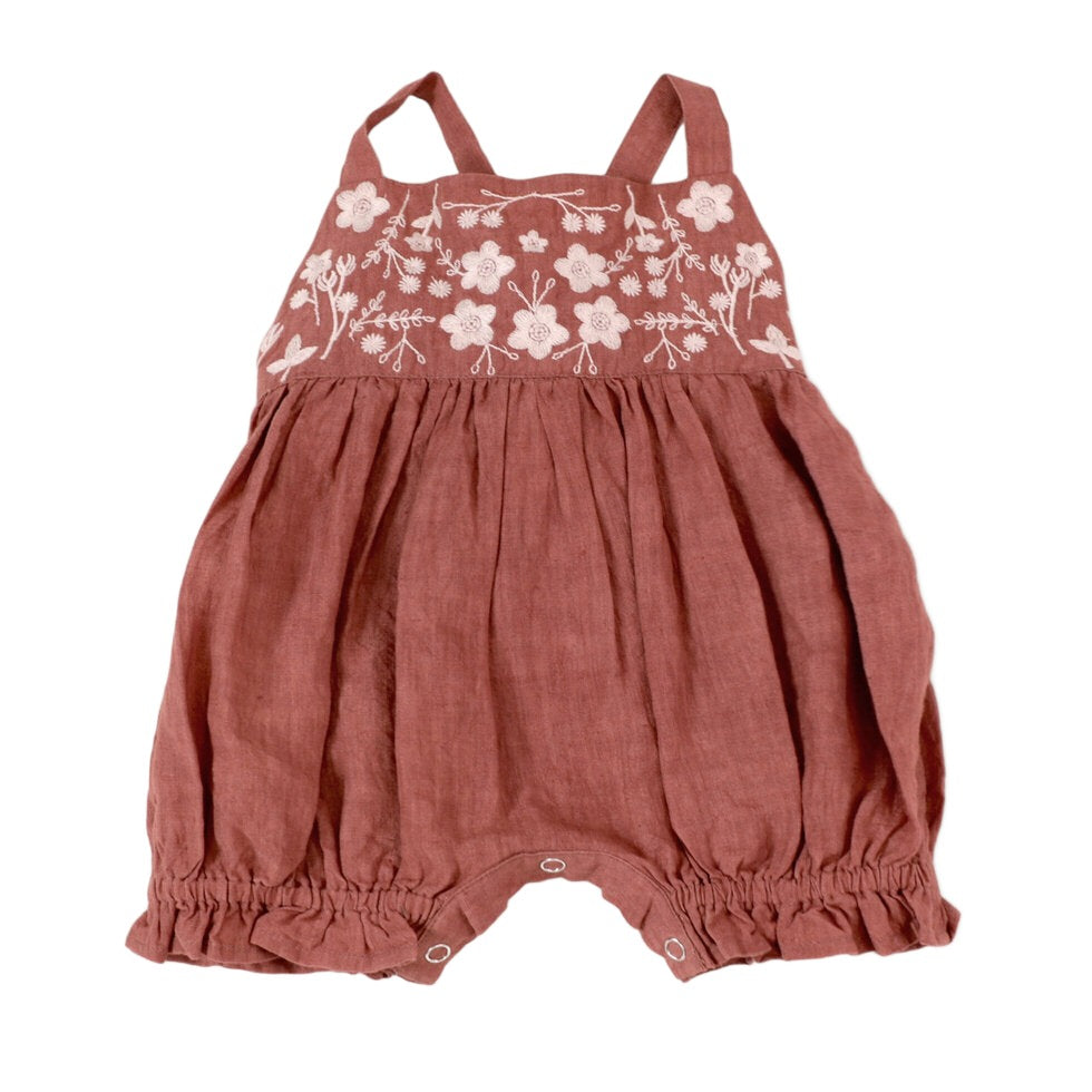 Leonie Linen Emb Bubble Baby Romper: Terracotta Linen