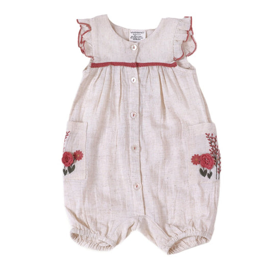 Victoria Embroidered Floral Baby Romper: Natural