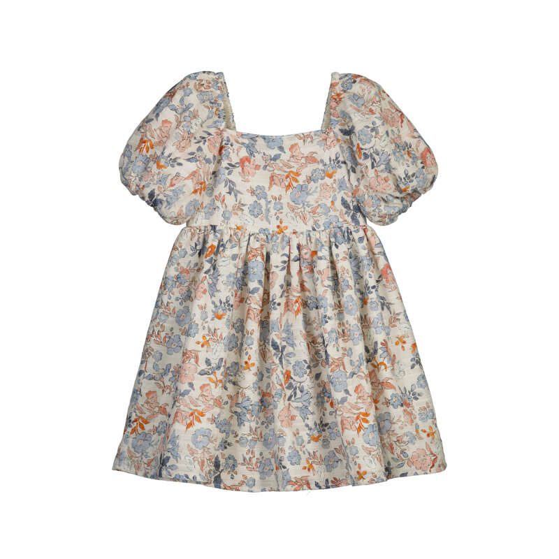 Salmon Puff Sleeve Floral Dress