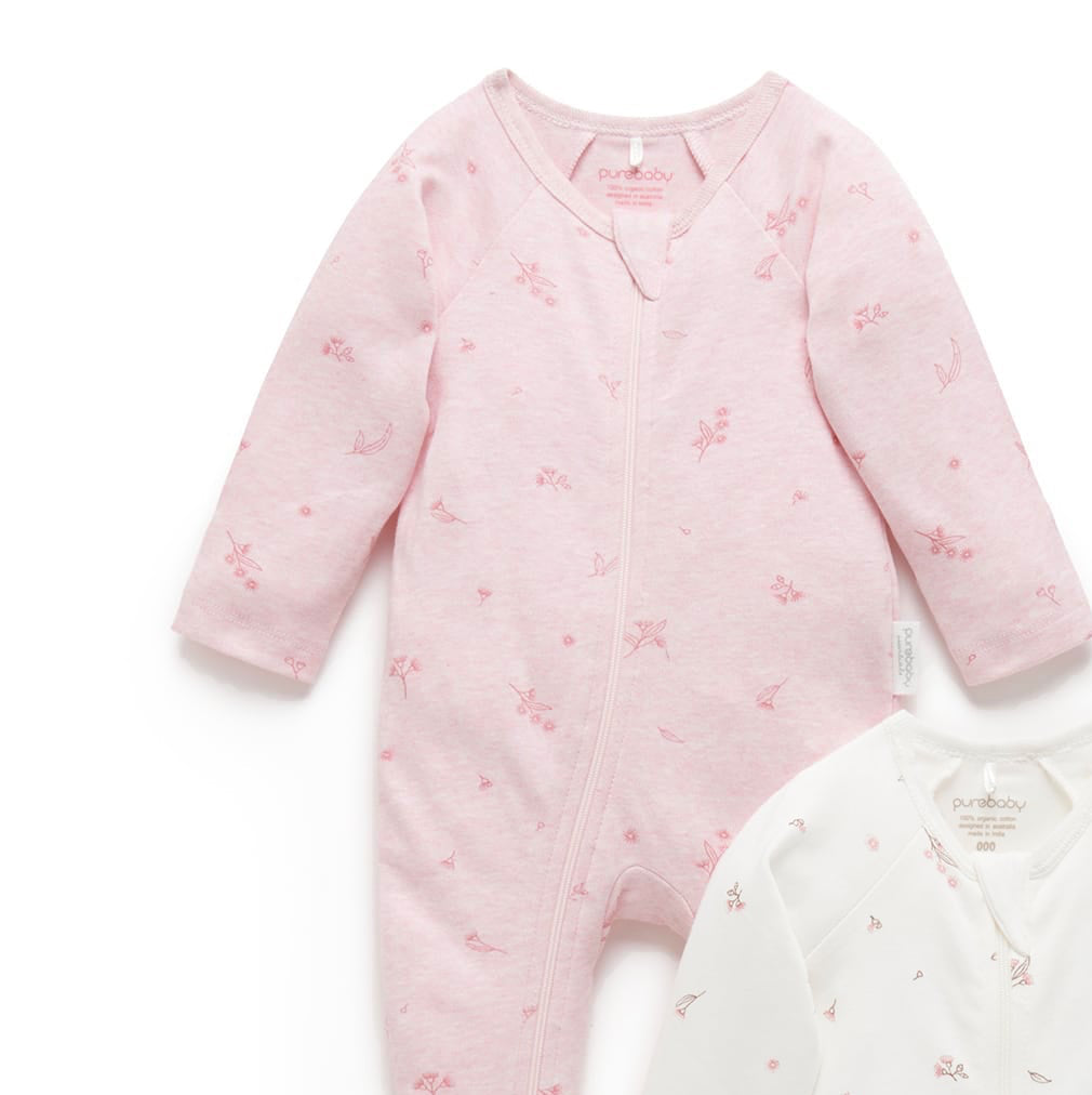 Organic Zip Growsuit- Pale Pink Blossom
