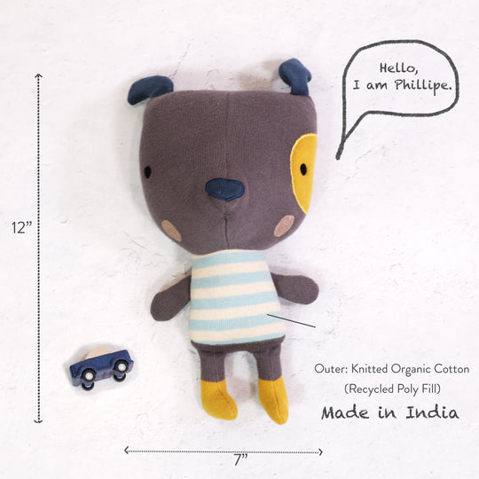 Phillipe Dog Organic Cotton Hand Knit Stuffed Animal Toy: Dark Grey