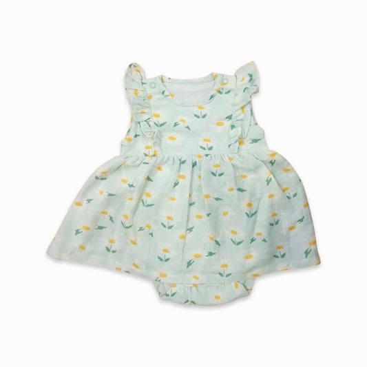 Daisies Ruffle Flare Baby Dress+Bloomer: Pastel Green