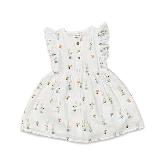 Bunny Ruffle & Button Flare Baby Dress+Bloomer: Soft White