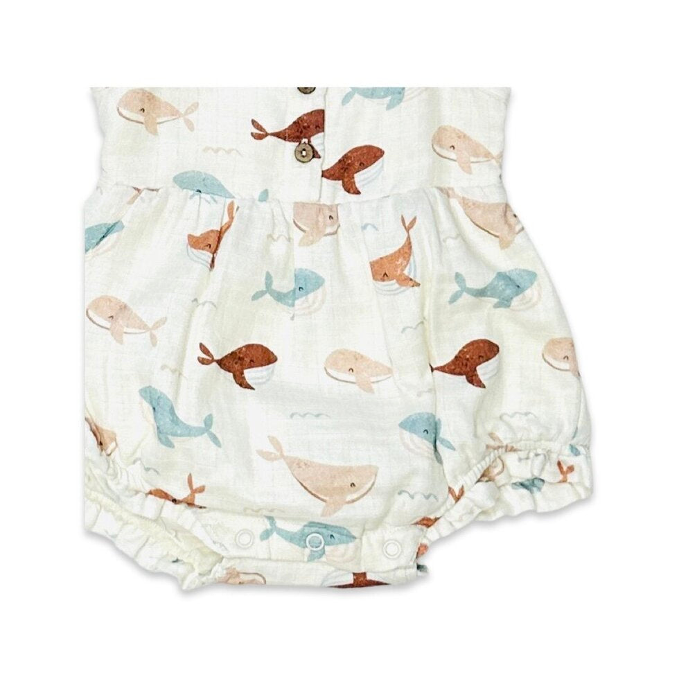 Whales Ruffle & Button Baby Dress+Bloomer: Natural