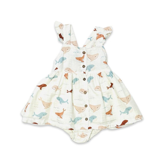 Whales Ruffle & Button Baby Dress+Bloomer: Natural