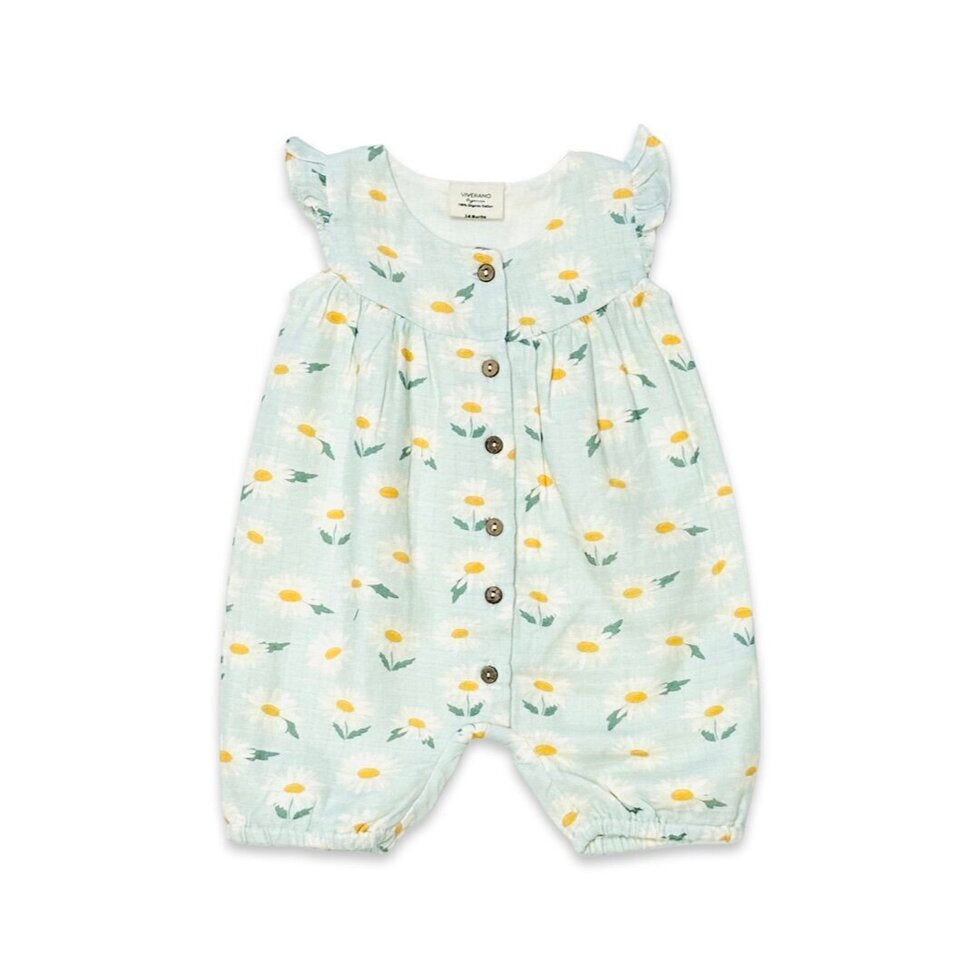 Daisies Ruffle & Button Baby Short Romper: Pastel Green