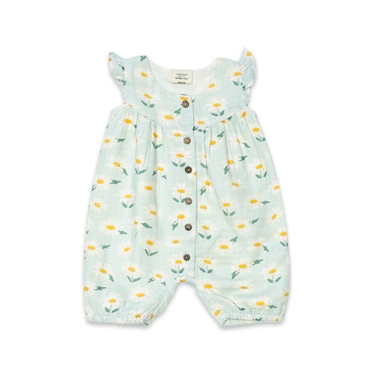 Daisies Ruffle & Button Baby Short Romper: Pastel Green