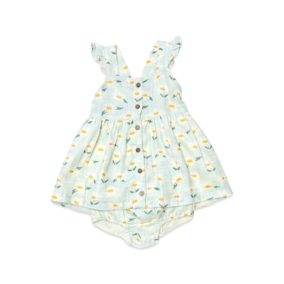Daisies Ruffle Button Baby Dress+Bloomer: Pastel Green
