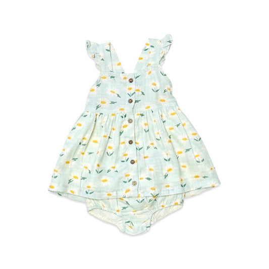 Daisies Ruffle Button Baby Dress+Bloomer: Pastel Green