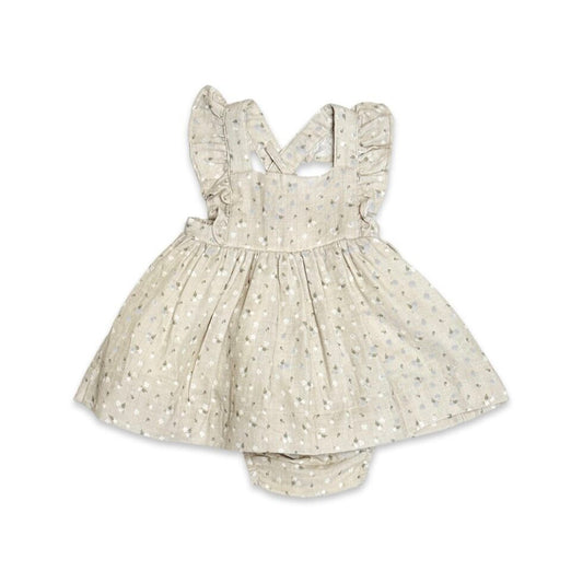Ditsy Floral Ruffle Cross Back Flare Baby Dress+Bloomer: Light Tan