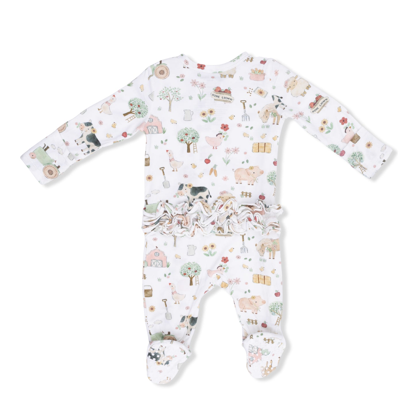 Cute Farm Animals Pink 2 Way Ruffle Back Zipper Footie