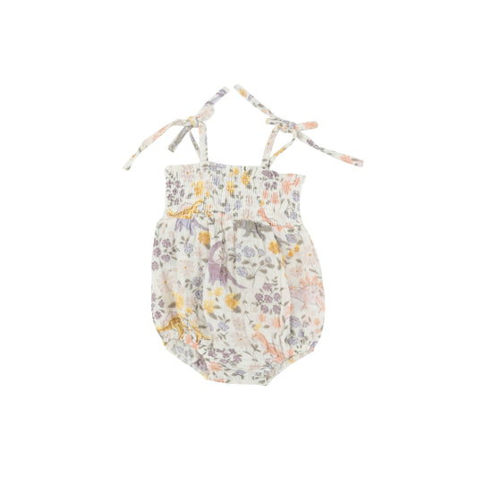 Sweet Floral Dino Tie Strap Smocked Bubble