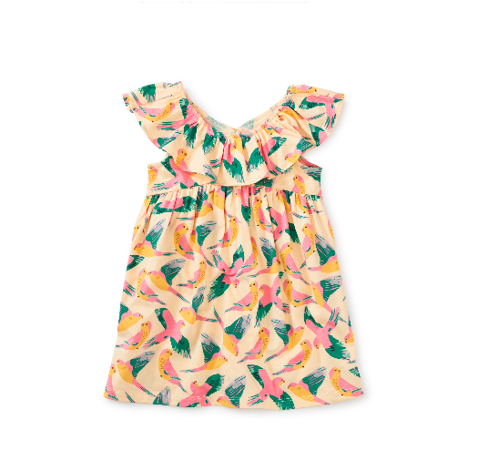 Ruffle Neck Baby Dress: Parrot Polka