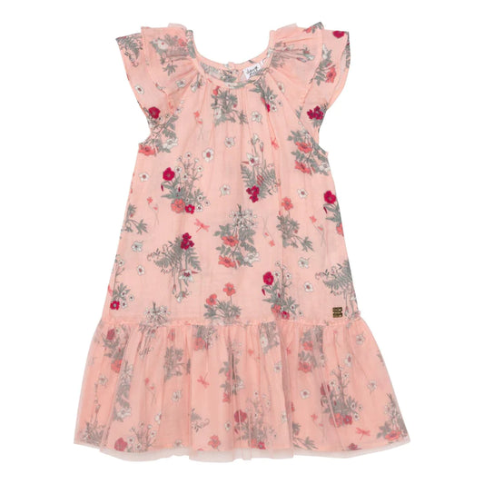 Printed Dress With Ruffle Sleeves Vintage Pink Botanical Flowers