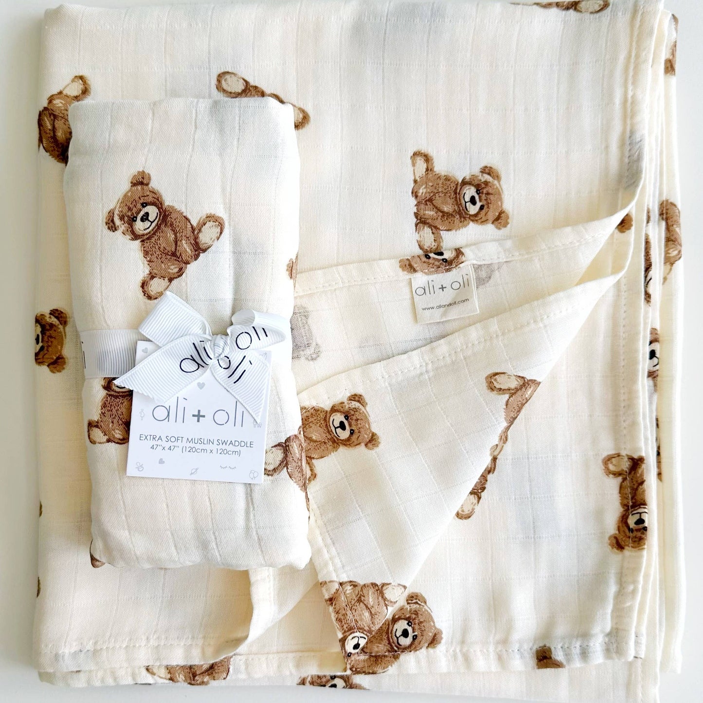 Bamboo Muslin Swaddle Blanket- Teddy Bear