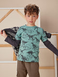 Printed Layered Sleeve Tee: Scribbled Dinosaurs