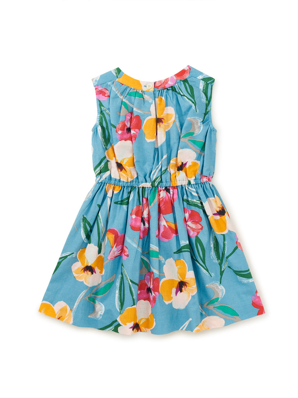 Sleeveless Skirted Dress: Painterly Hibiscus in Blue