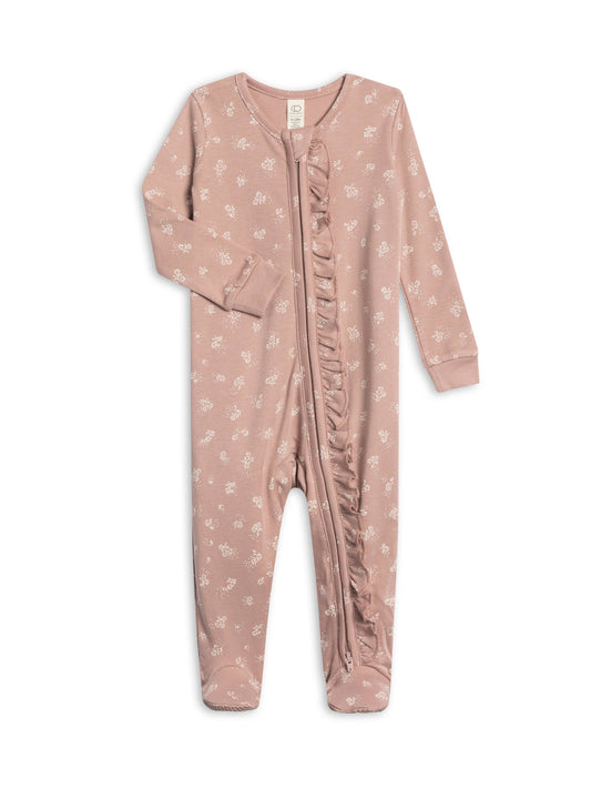 Neve Ruffle Zipper Footie: Ophelia Floral / Mauve