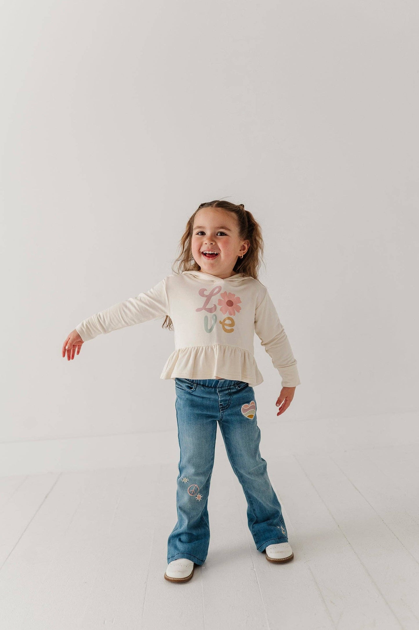Mid Blue Wash Patch Denim Flare Jeans