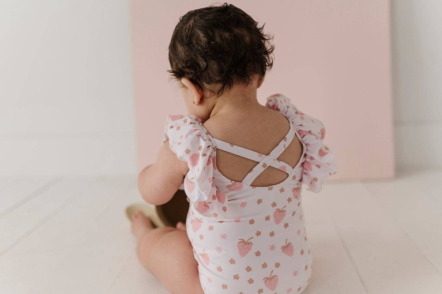 Strawberries Ruffle Sleeve Cross Back Swimsuit