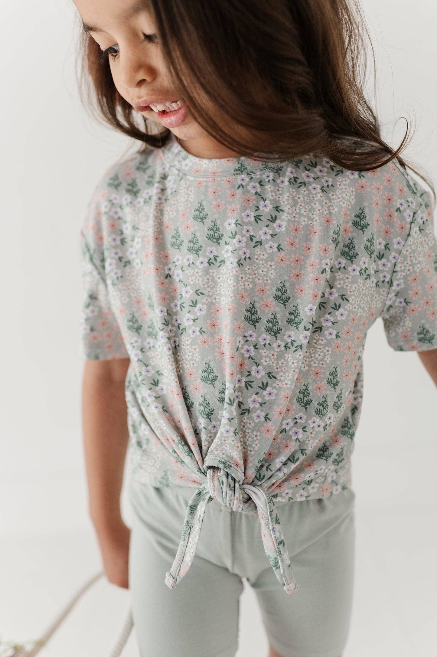 Aqua Grey Floral Tie Front Shirt