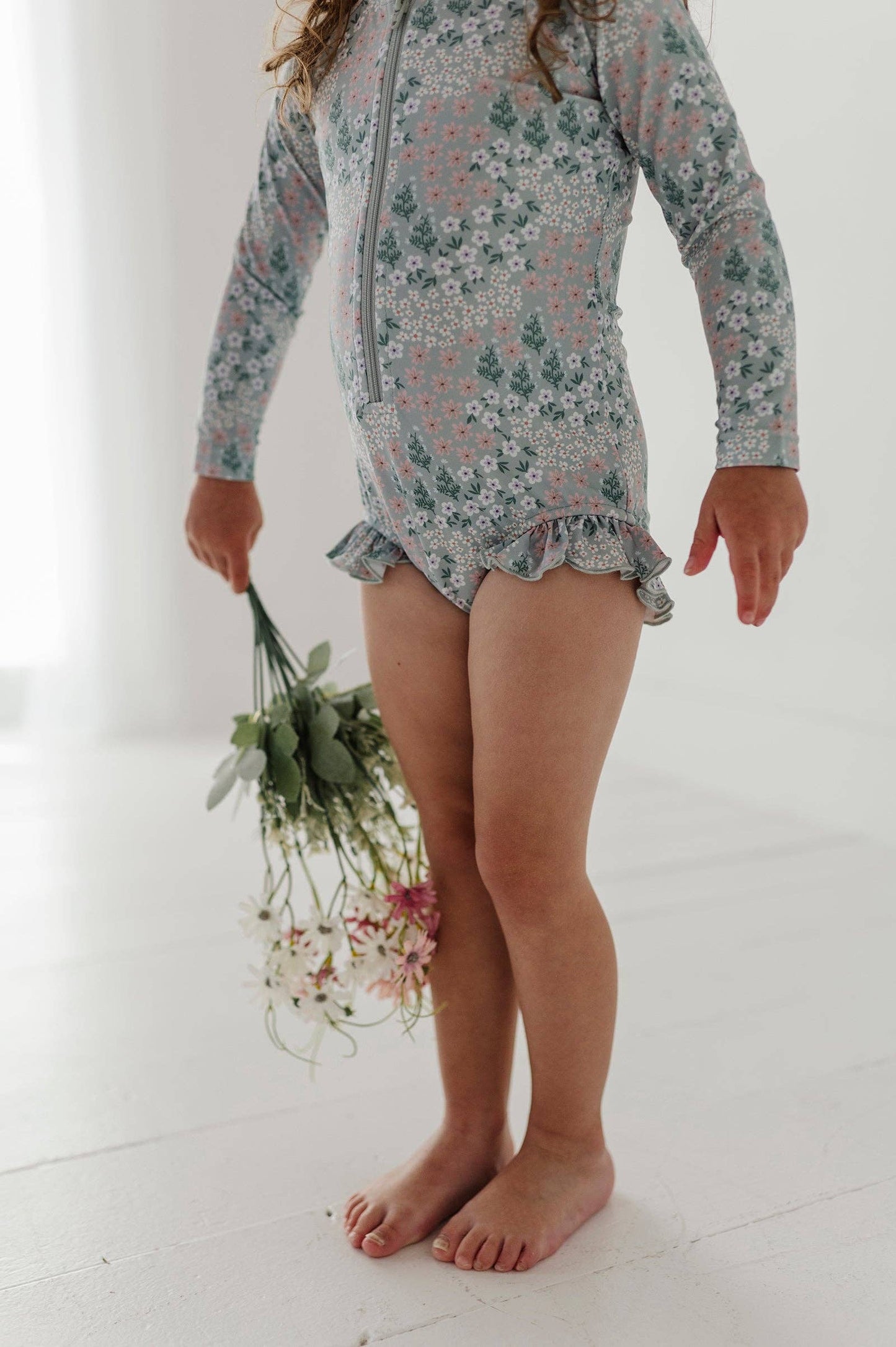 Aqua Grey Floral One-Piece Ruffle Rash Guard Swimsuit