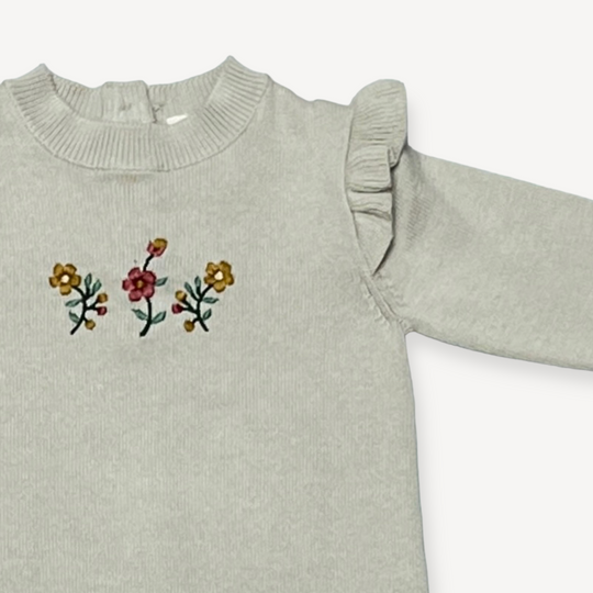 Floral Embroidered Ruffle Chunky Knit Baby Cardigan: Stone