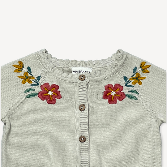 Floral Embroidered Button Baby Cardigan Sweater: Stone