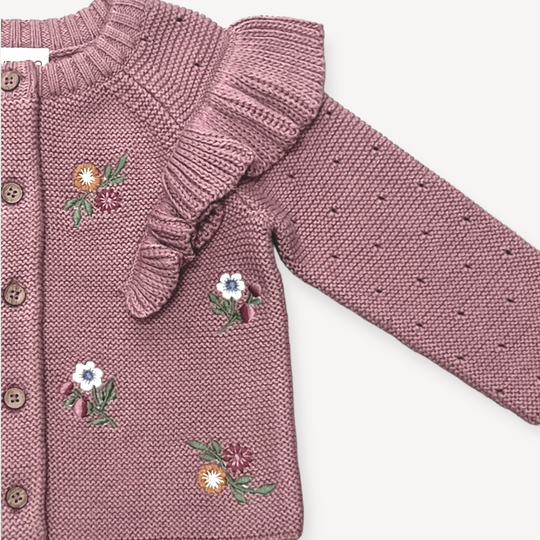 Floral Embroidered Ruffle Chunky Knit Baby Cardigan: Vintage Rose