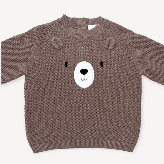 Bear Embroidered Knit Baby Pullover Sweater: Caffe Latte