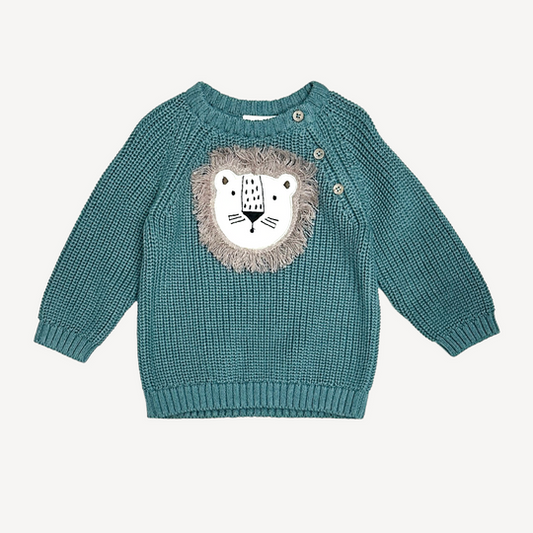 Lion Applique Baby Pullover Sweater Knit: Teal Blue