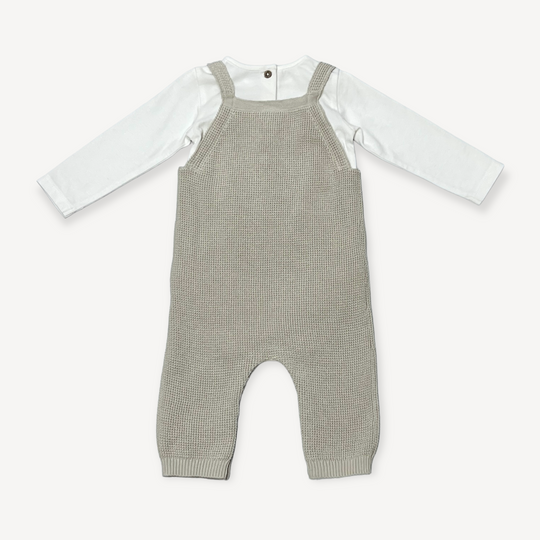 Lion Applique Baby Overall Sweater Knit Set: Stone
