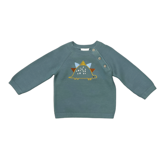 Dino Embroidered Button Baby Pullover Sweater: Teal Blue