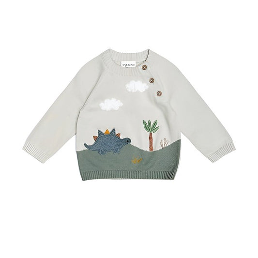 Dino Applique Button Baby Pullover Sweater: Stone