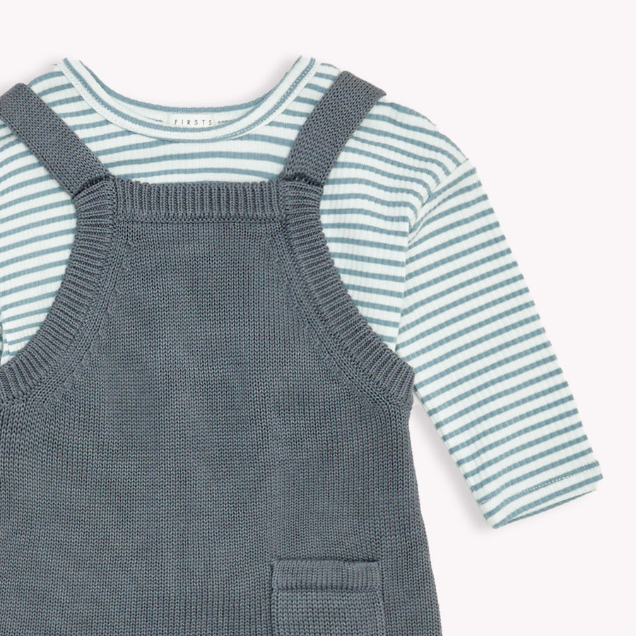 Baby 2Pc Set: L/S Top + Overall Knit: Dusty Blue