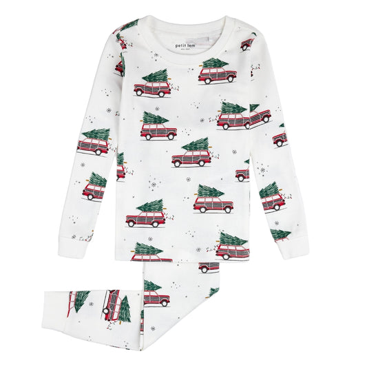 Festive Cars Print on Off White PJ Set