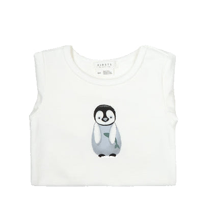 Baby Penguin on Off White Onesie